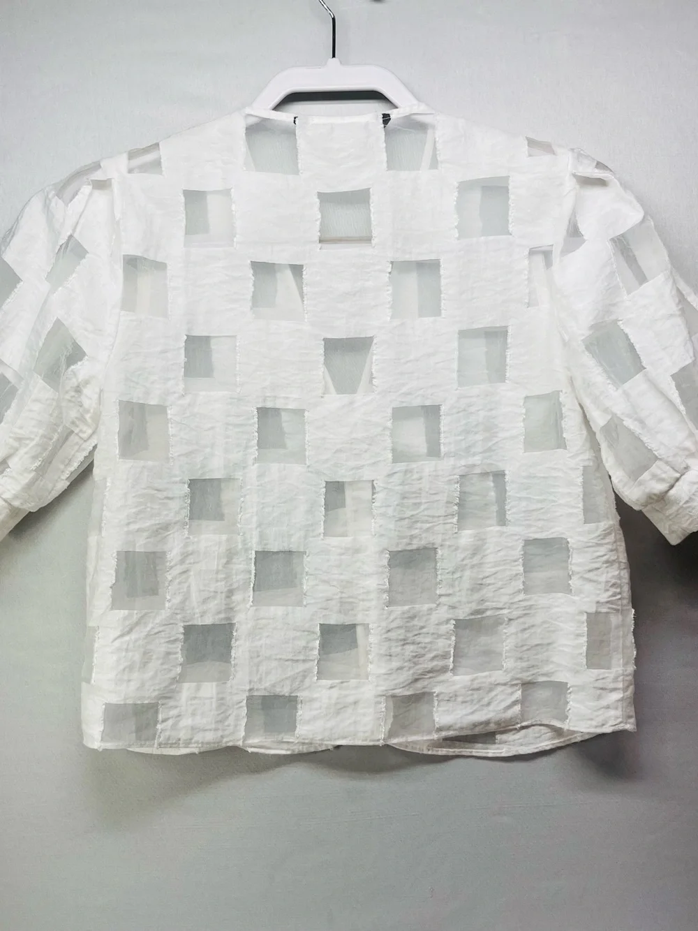 Zara White Sheer Check V-Neck Short Sleeve Blouse